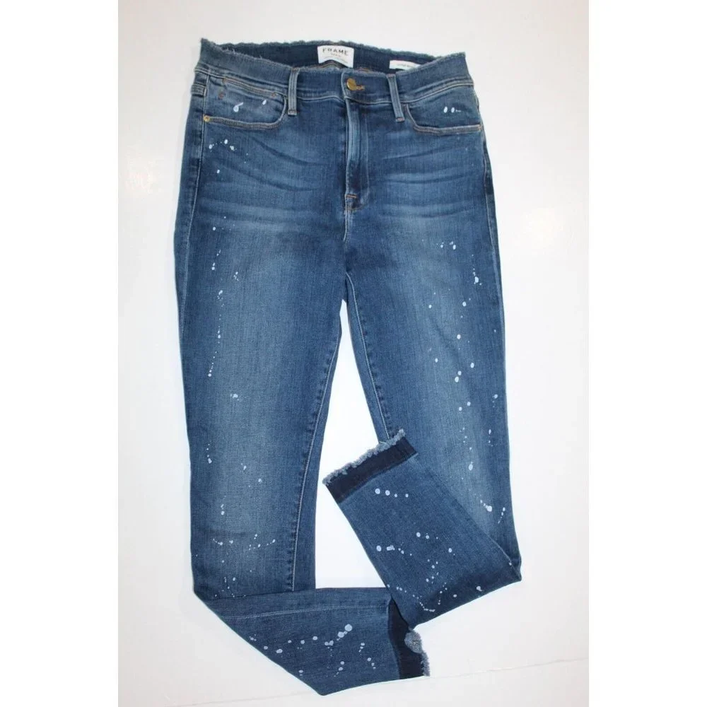 Frame Jeans Womens 30  Le High Skinny Raw Hem Ankle Paint Splatter High Rise - Picture 4 of 6